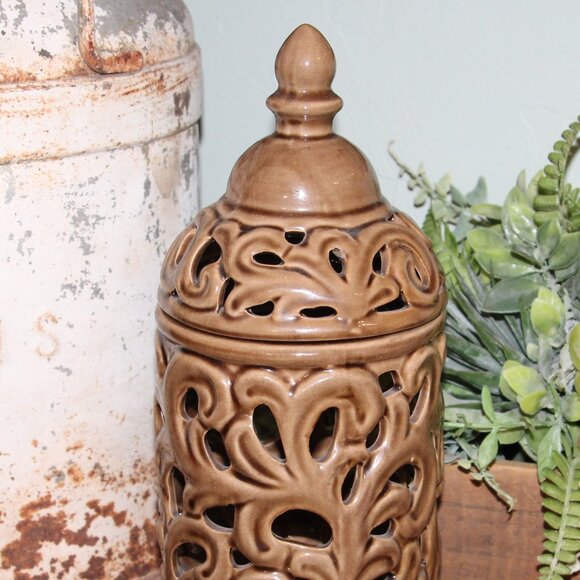 NEW Ornate 15" French Country Cottage Ceramic Filigree Urn Pedestal Jar - Picture 2 of 5